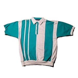 Vintage Men's Envoy Polo Shirt with Cut and Sew Teal and Gray Stripes